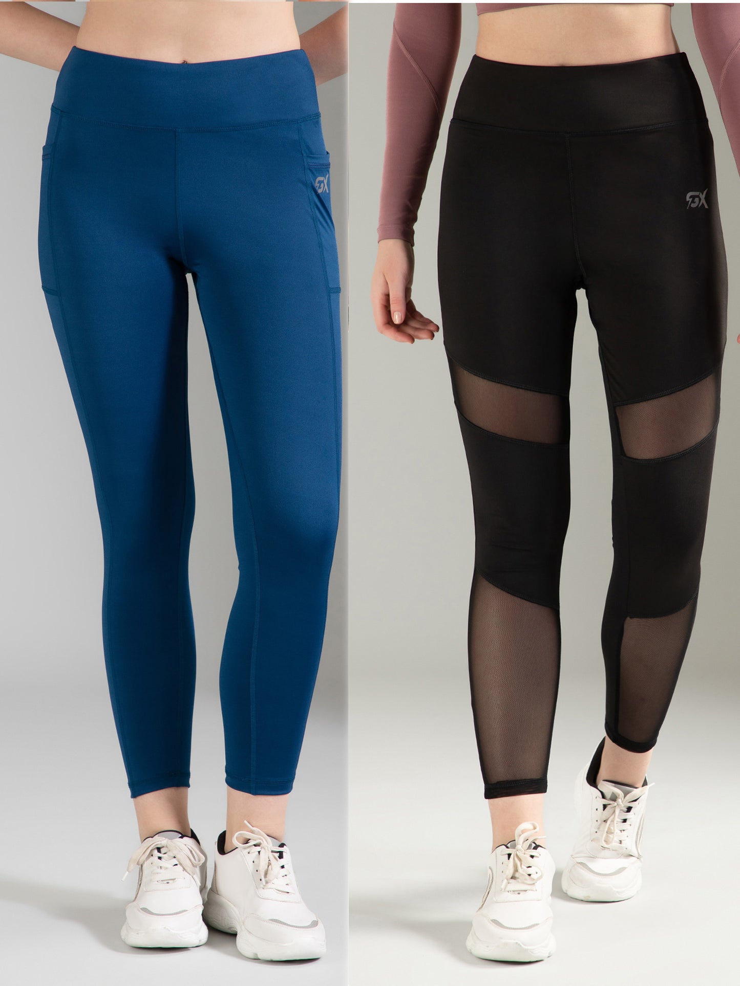 Blue & Black Mesh Combo Leggings