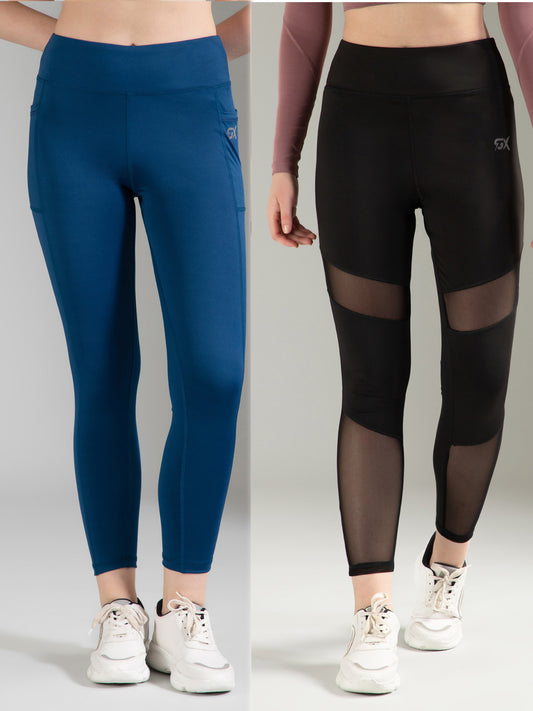 Blue & Black Mesh Combo Leggings